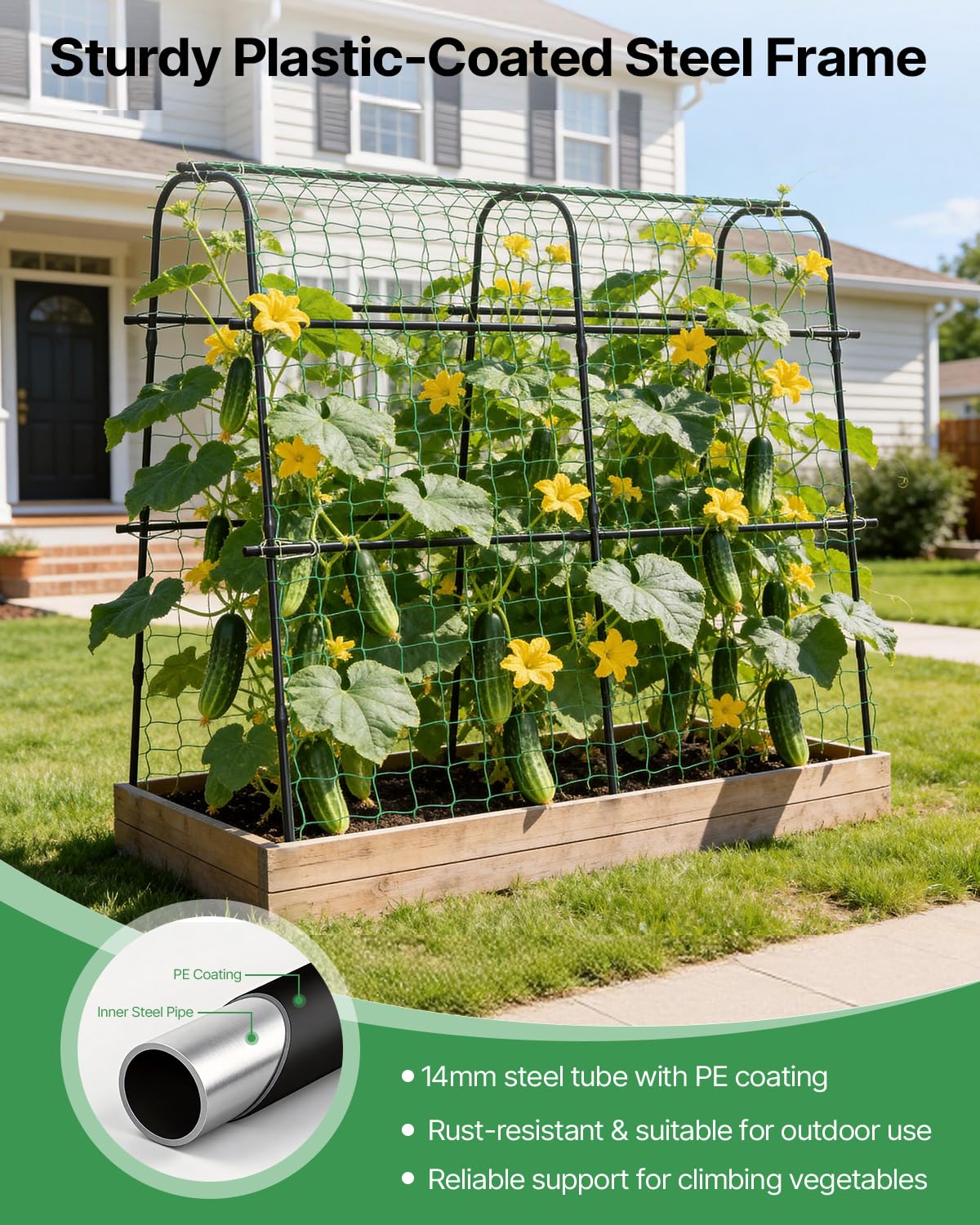Suteck Cucumber Trellis for Raised Bed – 63" x 63" U-Shaped Metal Garden Trellis for Climbing Vegetables, Tall Arch Plant Support for Beans, Tomatoes