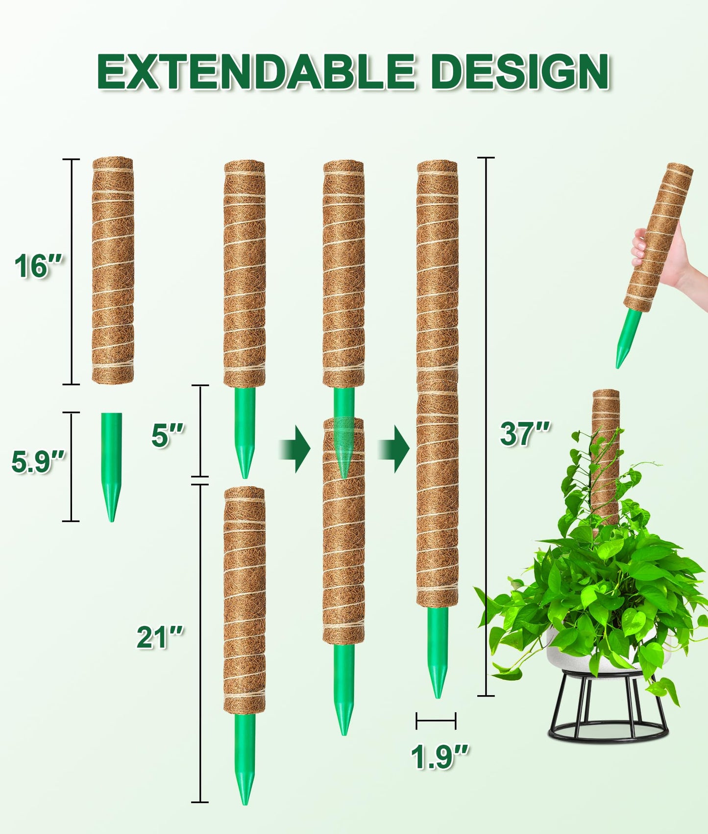 EAONE Moss Pole 126 Inch, 6 Pack 21" Monstera Plant Support for Climbing Potted Live Plants Indoor, Stackable Coco Coir Moss Sticks Monstera Stakes for Pothos Philodendron, with Garden Labels & Ties
