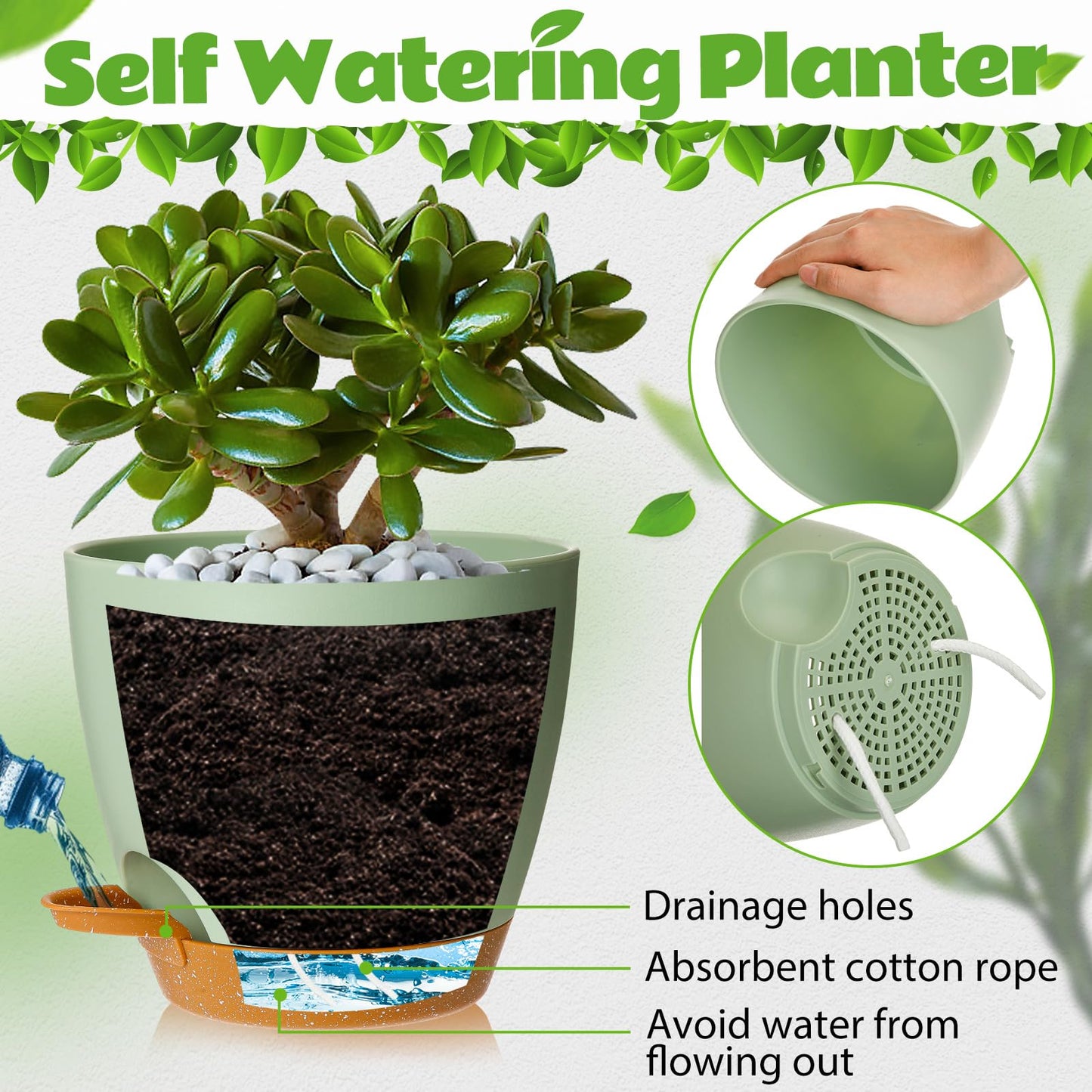 Remerry 15 Pcs 7/6.5/6/ 5.5/5 Inch Self Watering Planters with Drainage Hole Plant Pots Plastic Flower Pots Self Watering Pot and Saucer Reservoir for Garden Plant Flower(Green)