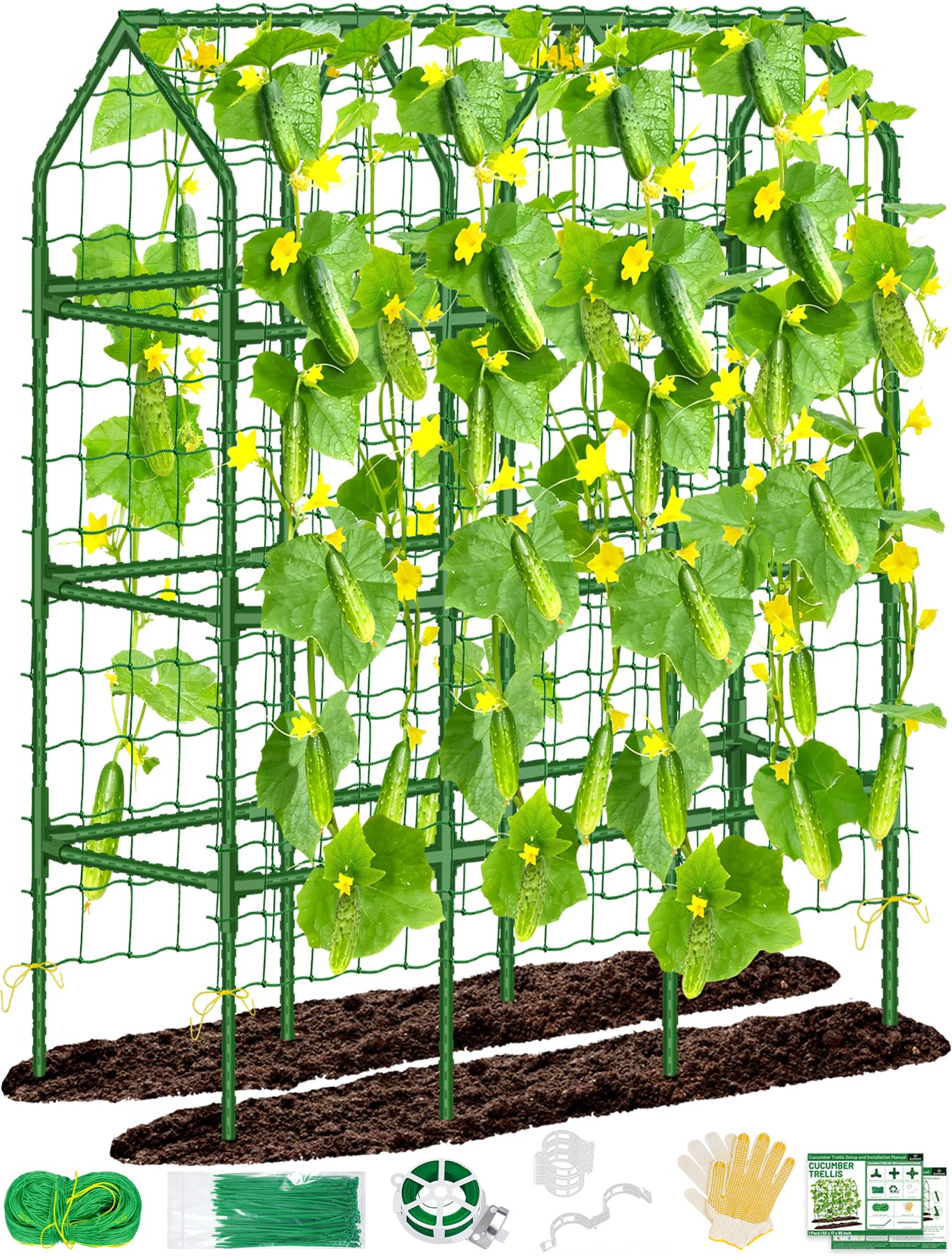 Sunwinx 50x65 Inch Cucumber Trellis for Raised Beds, V-Frame Metal Plant Garden Trellis for Climbing Plants Outdoor with Climbing Netting for Tomato Vegetable Grape Vine Bean Pea Squash