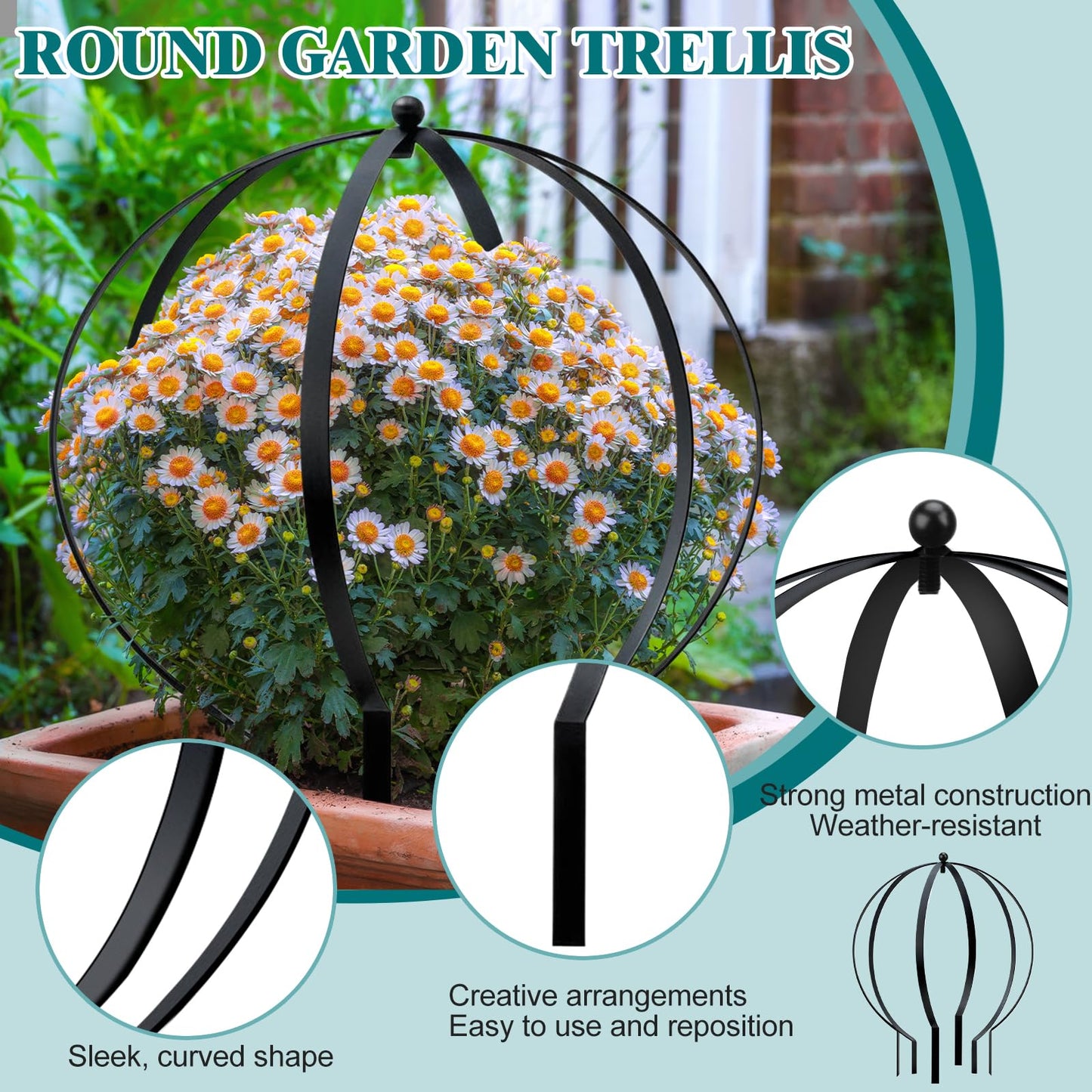 HEYTIMI 4 PCS Large Metal Round Trellis for Climbing Plants, Heavy Duty Thick Rustproof Obelisk, Garden Sphere Frame for Potted Roses Vines, Outdoor Garden Decor, Easy Assembly (25.2" x 21.3")