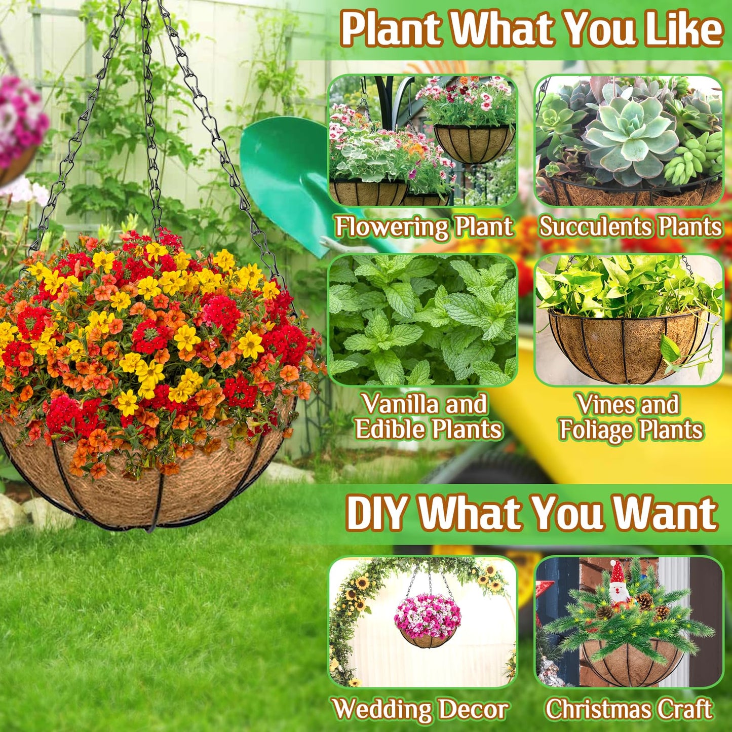 ZeeDix Outdoor Hanging Baskets, 2 Pack 12 Inch Metal Round Wire Hanging Planter with Coconut Liners Replacement, Hanging Flower Pots for Outdoor Plants Flowers