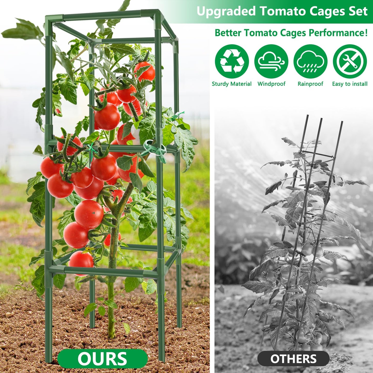 6 Pack Square Tomato Cages, 49.2" Large Upgraded Heavy Duty Steel Tomato Trellis Stakes, Garden Plant Support Cages Kit for Raised Garden Bed, Cucumber Trellis Vegetables and Climbing Plants