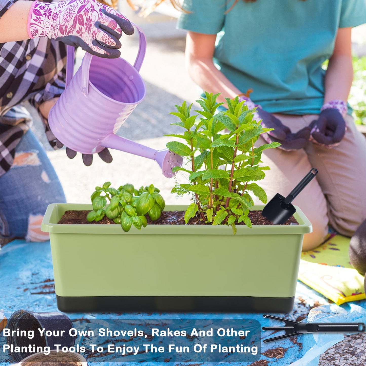 Oliz Window Box Planter 8 Pcs, 17 Inches Rectangle Flower Pots with Drainage Holes & Trays, Vegetable Planters for Windowsill Patio Garden Balcony Home Indoor Outdoor (Light Green, 16 * 7 * 6 inch)