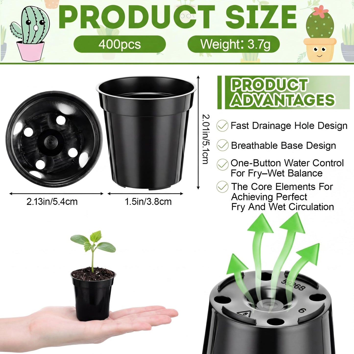 Domensi 400 Pcs 2inch Black Nursery Pots, Mini Plastic Plant Pot Nursery Seedling Pot with Drainage Holes for Seeds Starter, Indoor Outdoor Garden Vegetables Flowers Seedlings, Gardening Gifts