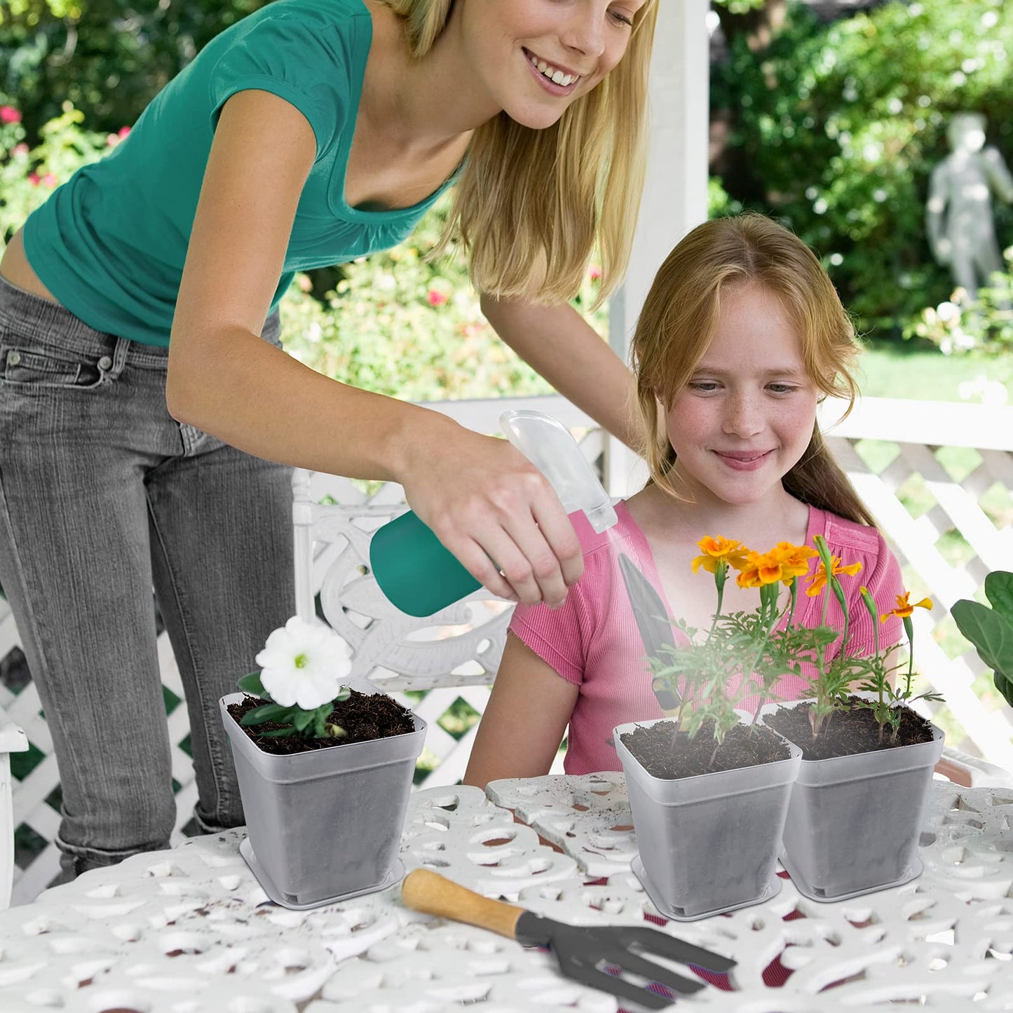 Business King Square Nursery Pots Plastic 28 pcs 3 inches with Saucers and Plant Labels Reusable Seedling Pots Frosted Starter Plant Pots Mini Planter for Indoor/Outdoor