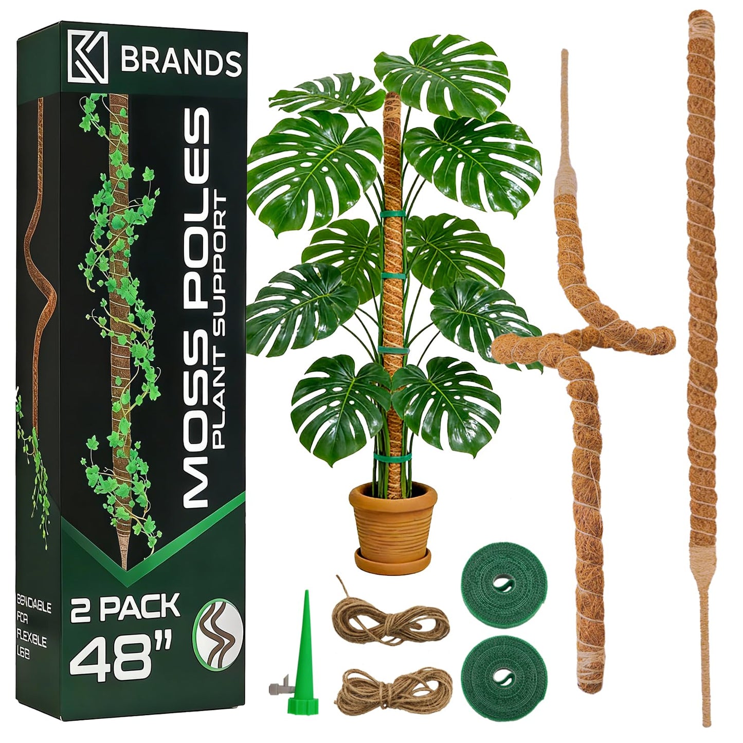 Eralivmart 2 Pack 48 Inch Monstera Plant Support Bendable Moss Pole for Climbing Indoor Plants 7mm Strong Aluminum Core Support Stakes Tall Plant Stake Kit for Potted Plants Pothos Philodendron