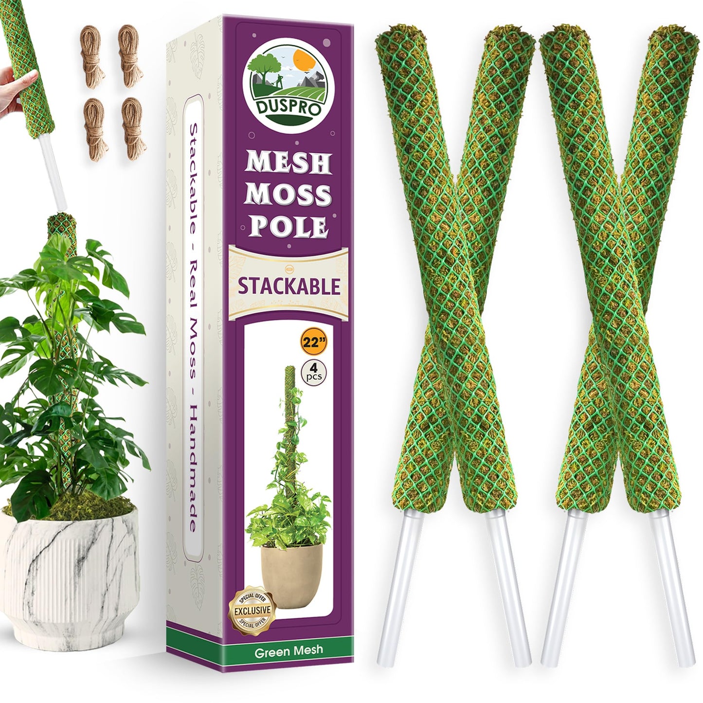 DUSPRO 4 Pack 22" Green Stackable Mesh Moss Pole for Plants – Extendable Up to 71", Natural Forest Moss Pole Monstera Plant Support, Moss Stick for Climbing Plants, Indoor Plant Stakes Accessories