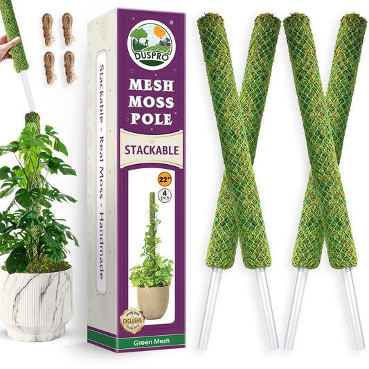 DUSPRO 4 Pack 22" Green Stackable Mesh Moss Pole for Plants – Extendable Up to 71", Natural Forest Moss Pole Monstera Plant Support, Moss Stick for Climbing Plants, Indoor Plant Stakes Accessories