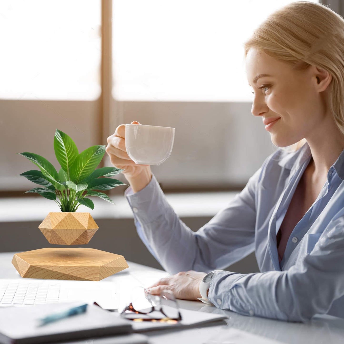 Levitating Plant Pot, Floating Plant Pot Small Floating Flower Pot, 360° Rotating Floating Pots for Plants, Floating Planter for Levitating Decor, Levitating Display Home Office Desk Decor (Yellow)