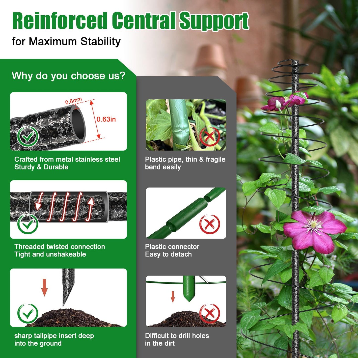 2 Pack Spiral Metal Garden Trellis for Climbing Plants Outdoor - 72" Large Heavy Duty Plant Support Tower with Center Pole, for Outdoor Garden, Raised Bed,Backyard,Container Gardening