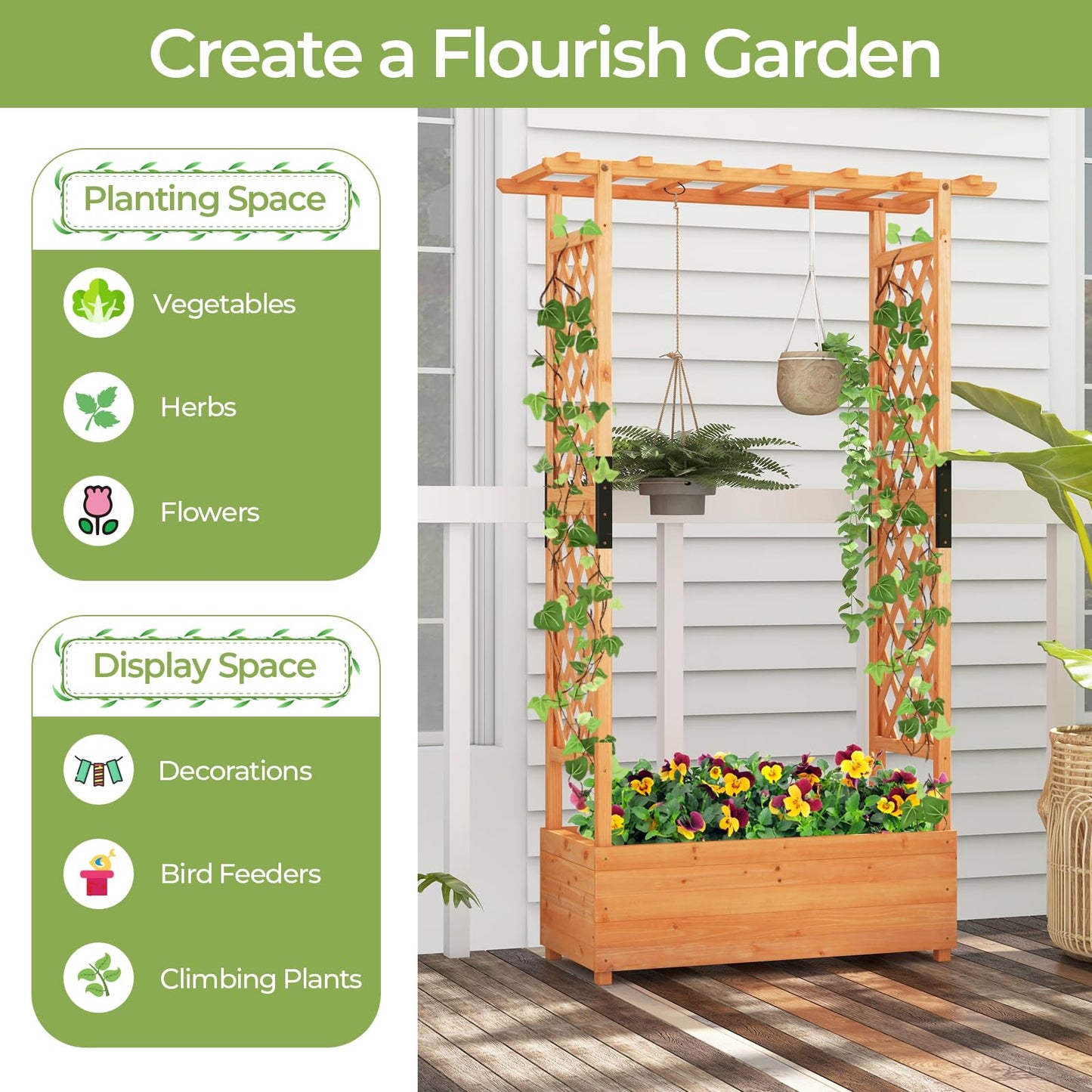 LDAILY Raised Garden Bed with Trellis, Above Ground Garden Bed with Hanging Roof, Side Trellis, & 4 Drainage Holes, Planter Box for Outdoor Climbing Plants Vines Flowers (1, 43.5"L x 17.5"W x 72"H)