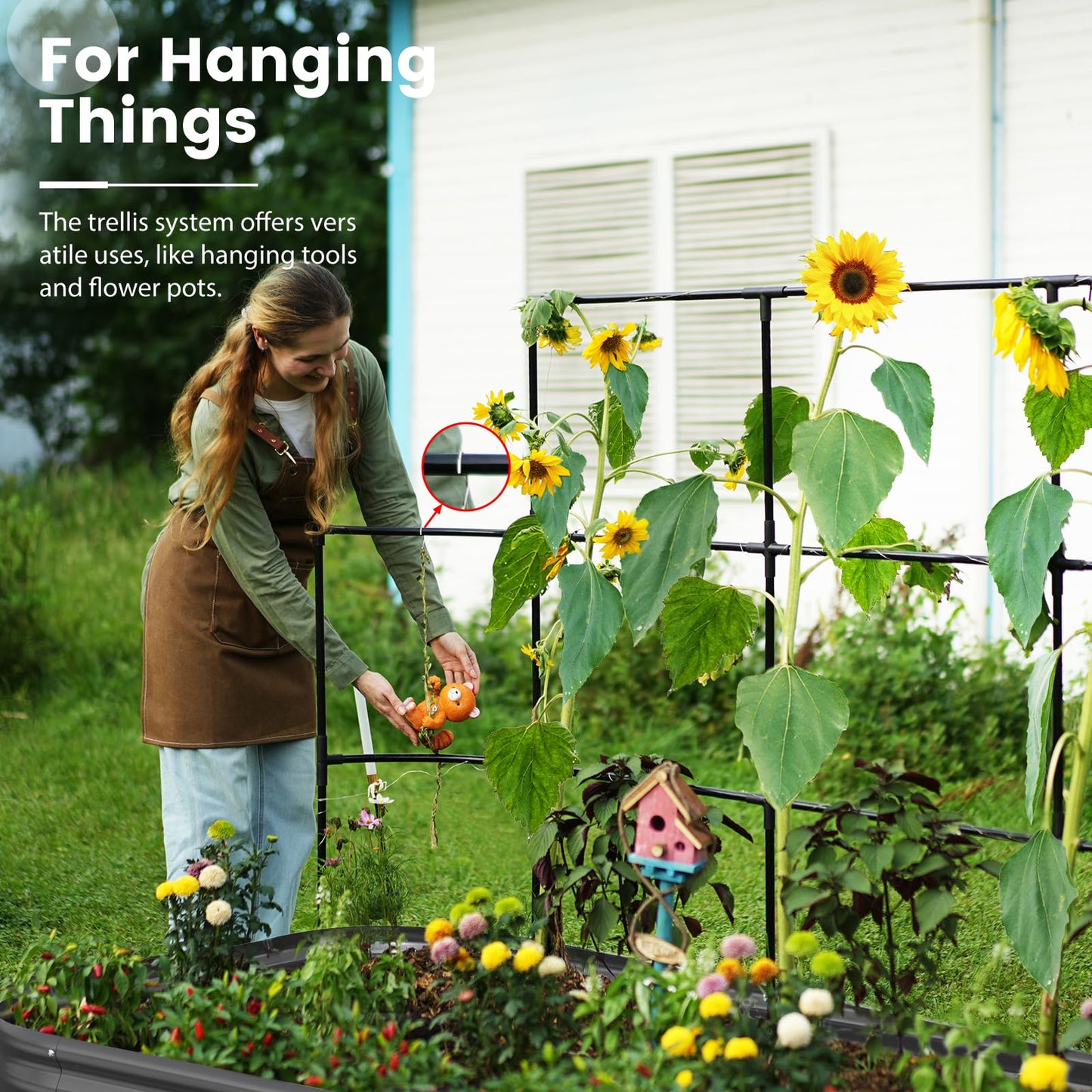 KING BIRD Raised Garden Bed with Wall Trellis Galvanized Planter Garden Box Outdoor for Gardening, Climbing Vegetables, Flowers 7.87x3.94x0.98 Ft, Dark Grey