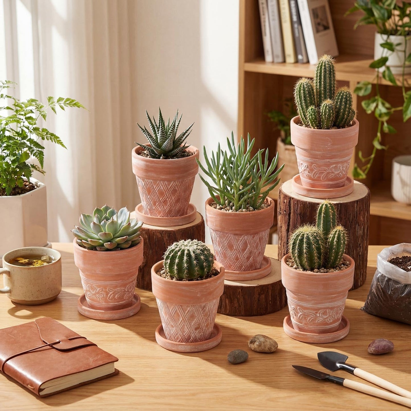 Maxdot Set of 6 Embossed Succulent Pots 4" Small Terracotta Pots with Drainage Hole Saucer Mini Rustic Clay Succulent Planter Pot Decorative Ceramic Cactu Flower Pot for Indoor Outdoor(Lattice Leaf)