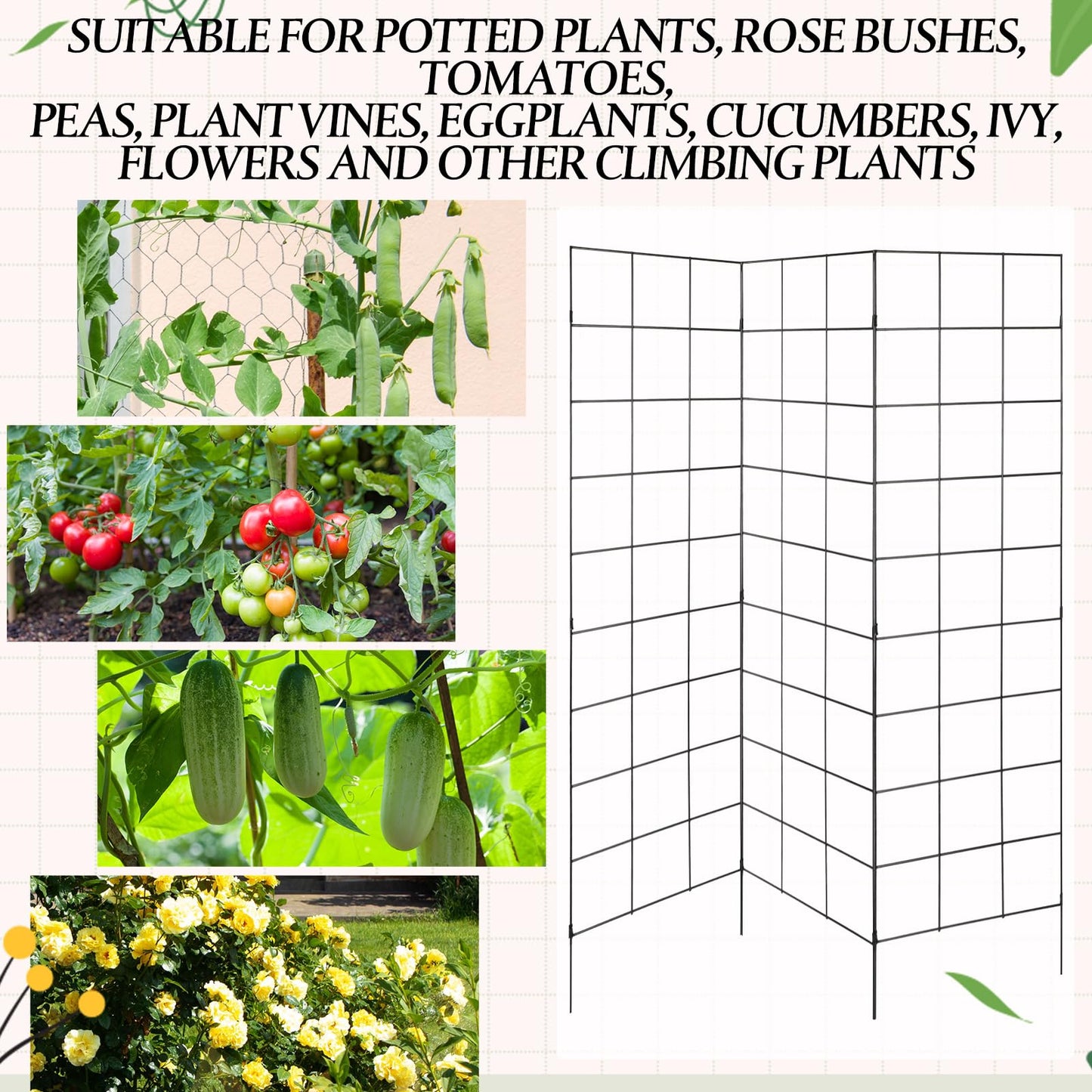 Menkxi 3 Panel Folding Garden Trellis for Climbing Plants, 52.6" W x 58" H Sturdy Metal Frame Cucumber Metal Trellis Garden Plants Support for Outdoor Pea Grape and Other Climbing Vegetable