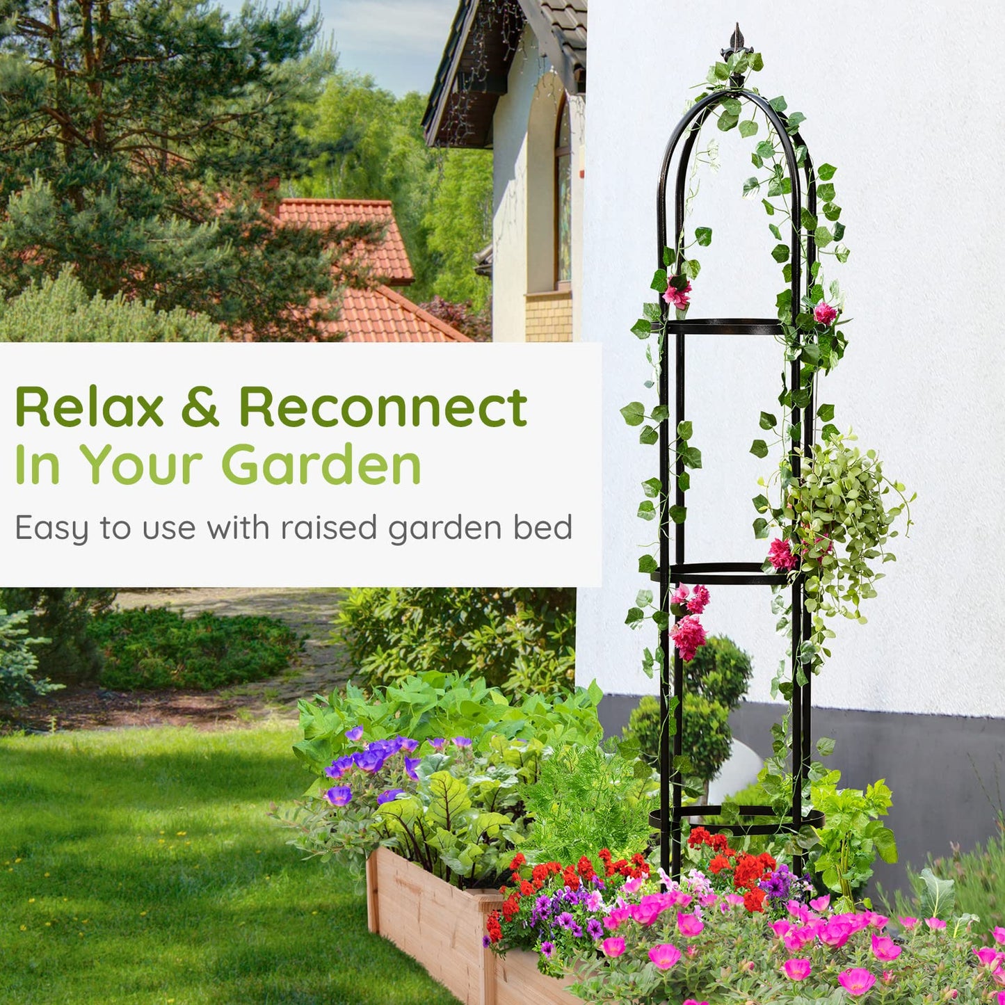 Idzo 100% Metal Obelisk Trellis for Climbing Plants Outdoor 6ft - 72in, Heavy Duty Black Garden Trellis for Climbing Vine with Stone-Look Finish, 1pc