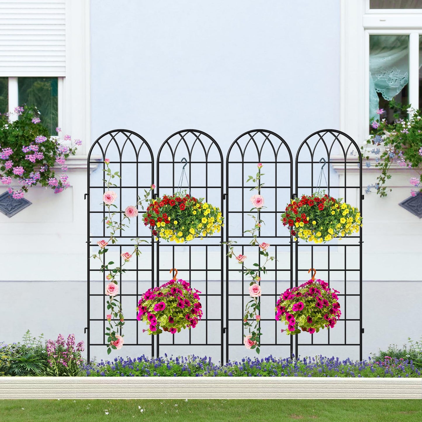 SUNYRISY 4Pack Metal Garden Trellis for Climbing Plants Outdoor, 59x16in Metal Plant Support for Flowers Tomato Cucumber Rose Vegetable Garden Courtyards Lawns Decoration, Black