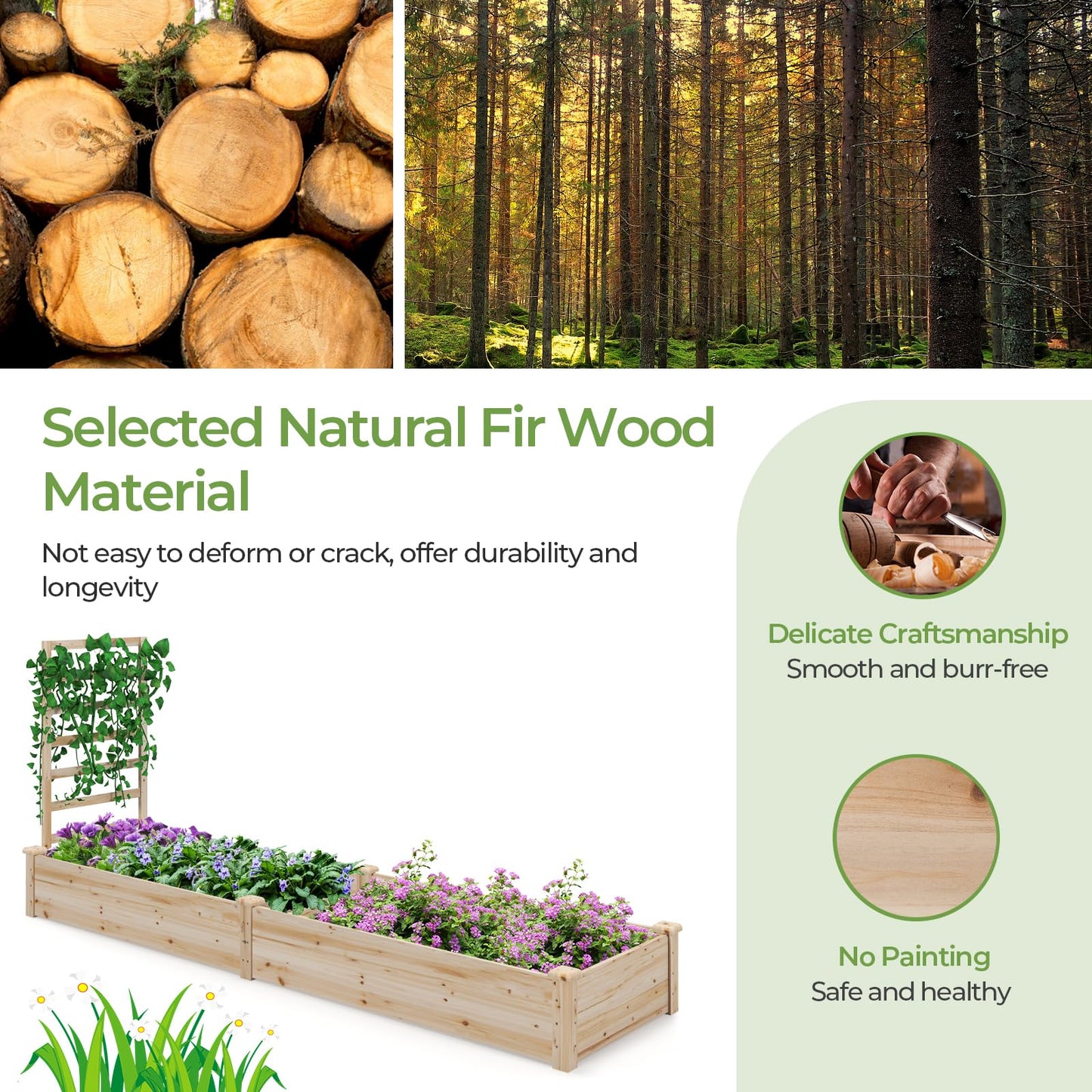 S AFSTAR Raised Garden Bed with Trellis & Planter Box, 93" L x 25" W x 40" H Outdoor Wooden Planter Box Kit for Flower Herb Vegetable Fruit Climbing Vines, Elevated Gardening Bed for Garden Patio