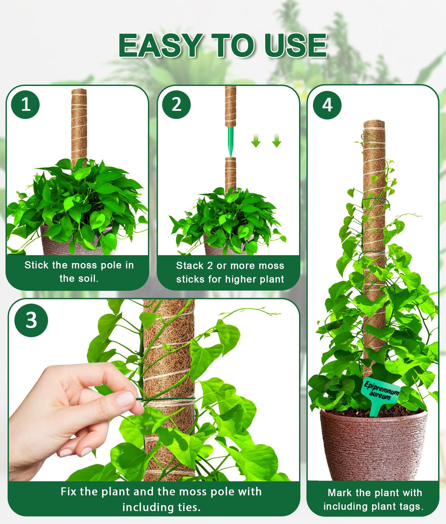 EAONE Moss Pole 126 Inch, 6 Pack 21" Monstera Plant Support for Climbing Potted Live Plants Indoor, Stackable Coco Coir Moss Sticks Monstera Stakes for Pothos Philodendron, with Garden Labels & Ties
