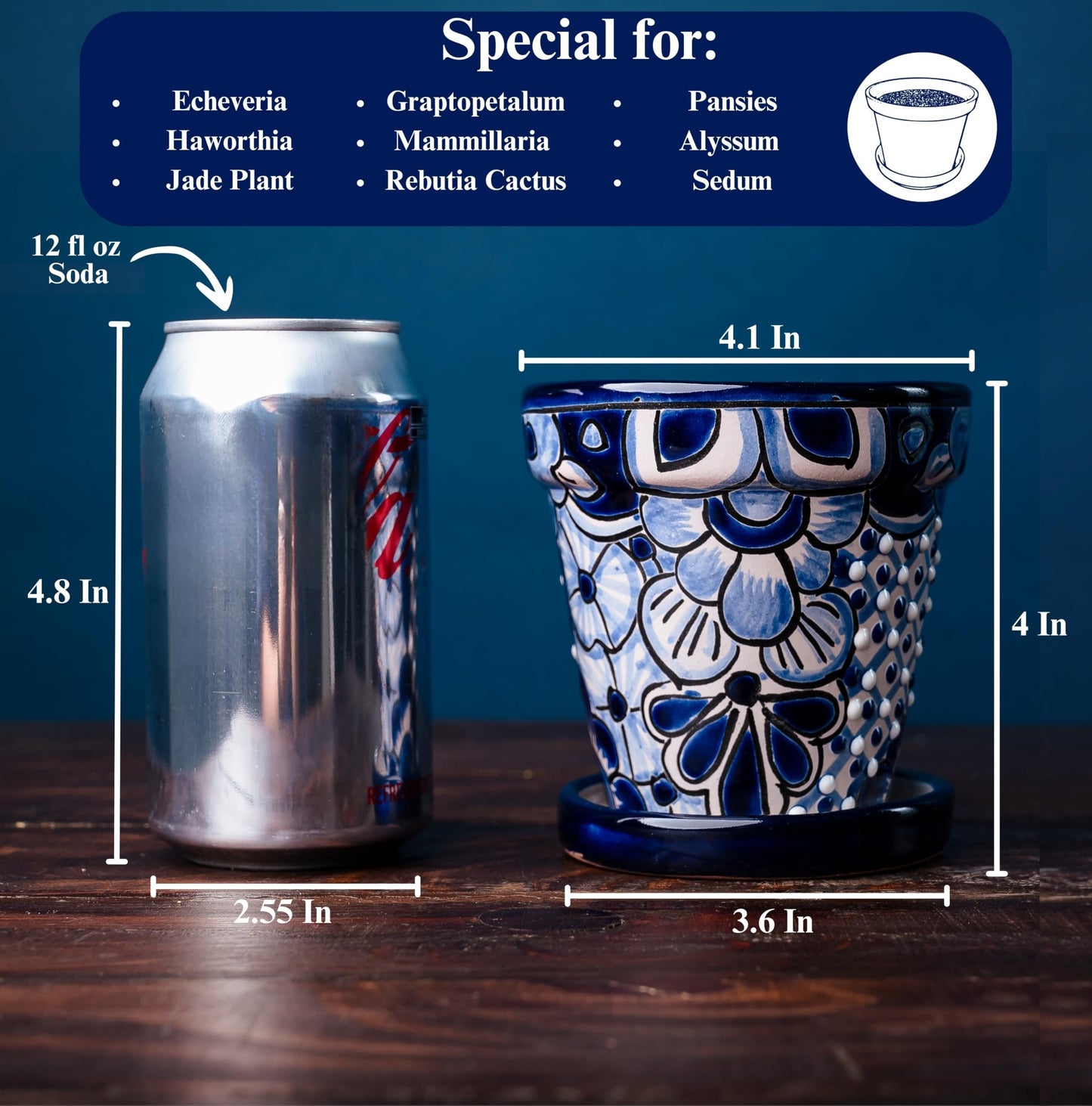 COBAZUL Mexican Pottery Planters - Talavera Planter - Succulent Pots - Ceramic Pots for Plants Indoor & Outdoor with Drainage Hole and Saucer - 4'' W x 4" H (White & Blue-Small)