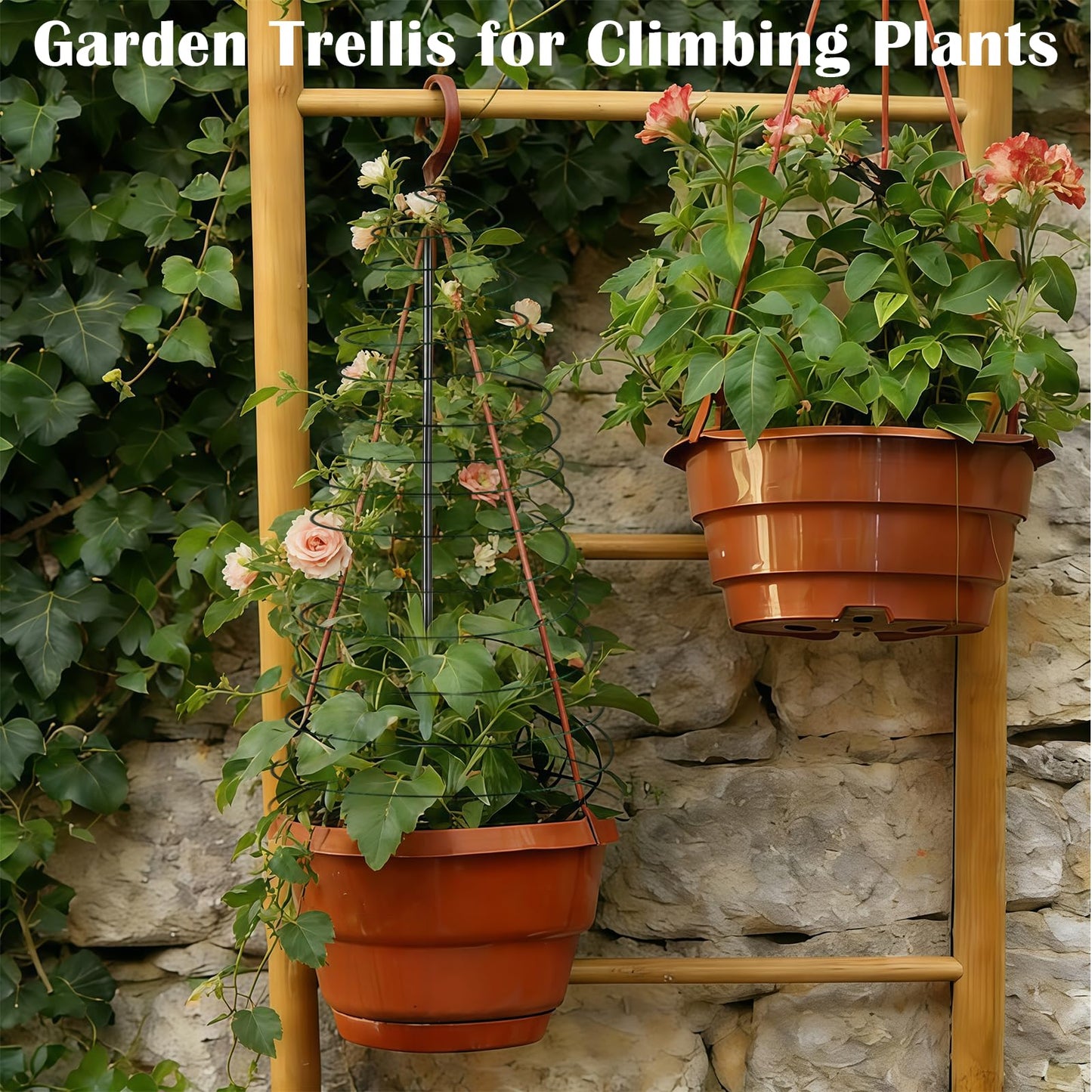 2 Pack Spiral Metal Garden Trellis for Climbing Plants Outdoor, 12"-59" H Adjustable Plant Grow Cage Support for Pole Bean, Pea, Morning Glory, Clematis (Includes Metal Central Stake, More Stable)