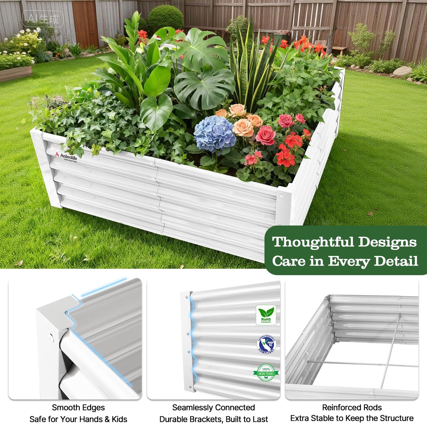 A ANLEOLIFE 4X4X1.5 ft Galvanized Raised Garden Beds Outdoor, Square Metal Planter Box for Planting Vegetables Flowers Herb, Anti-Rust & Easy-Setup, Antique White