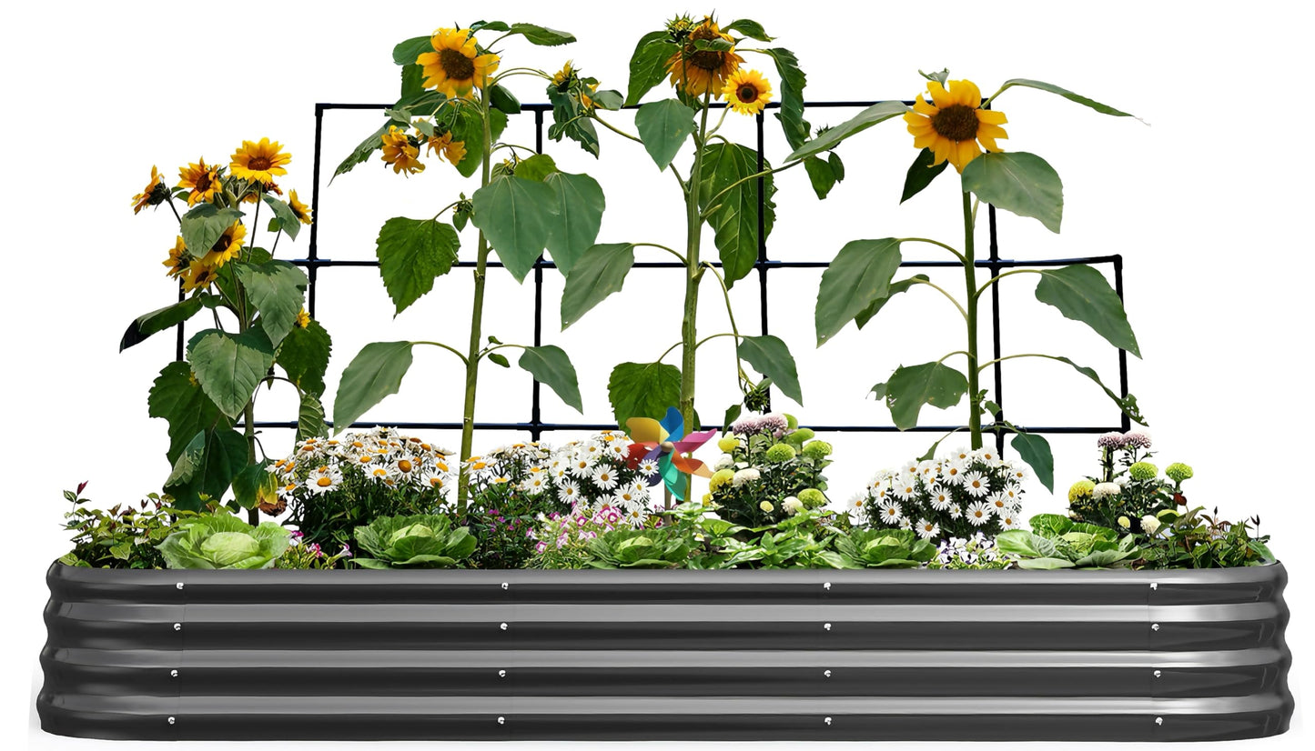 KING BIRD Raised Garden Bed with Wall Trellis Galvanized Planter Garden Box Outdoor for Gardening, Climbing Vegetables, Flowers 7.87x3.94x0.98 Ft, Dark Grey