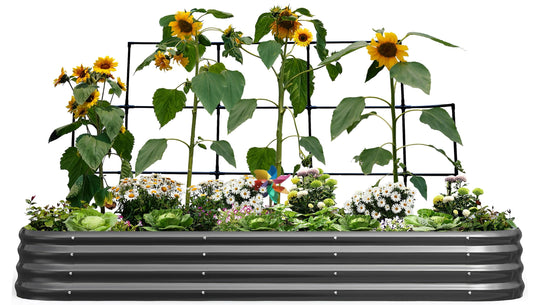 KING BIRD Raised Garden Bed with Wall Trellis Galvanized Planter Garden Box Outdoor for Gardening, Climbing Vegetables, Flowers 7.87x3.94x0.98 Ft, Dark Grey