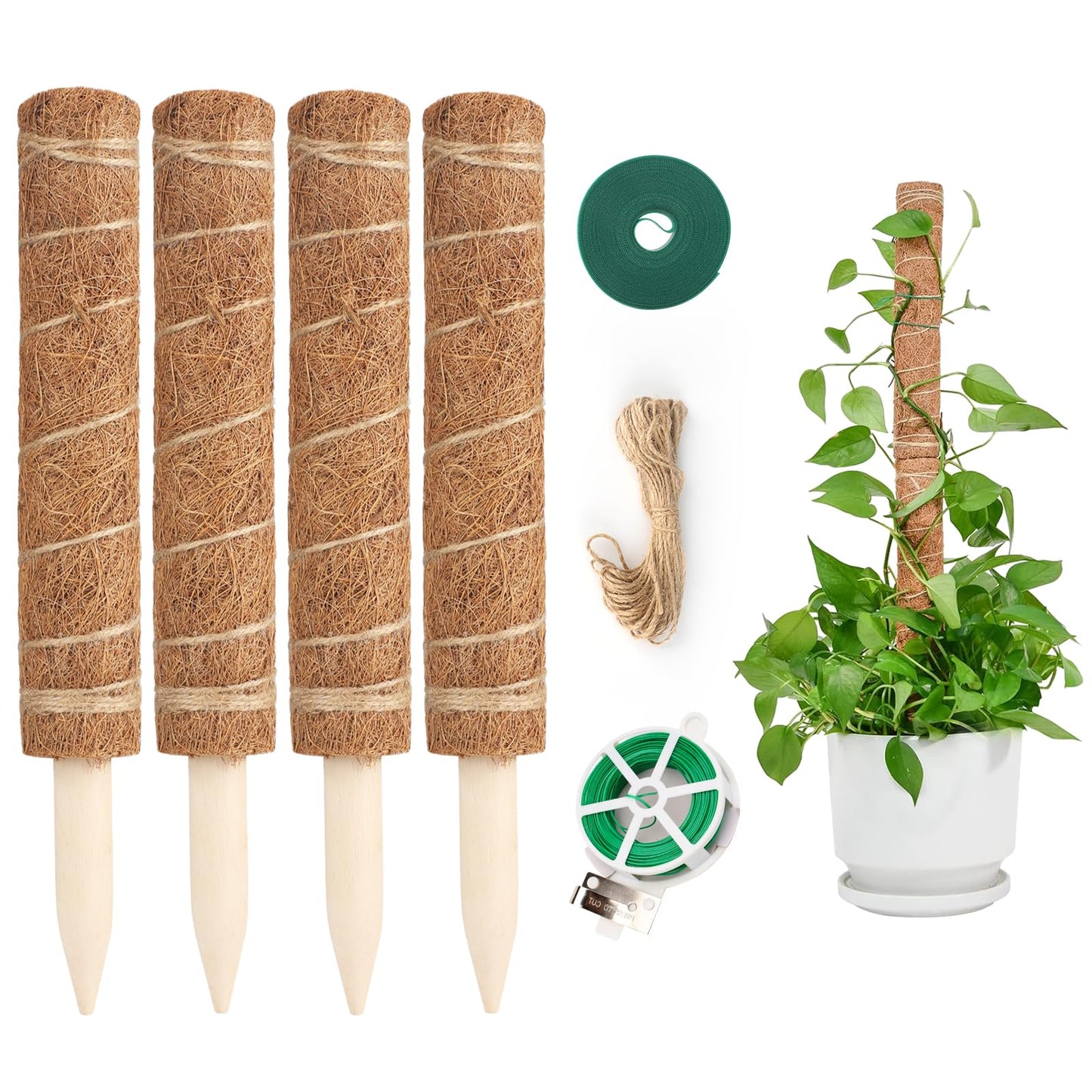 KINGLAKE Moss Pole for Plants 51.1 Inch Monstera Plant Support for Climbing Plants 4 Pcs 15.7 Inch Stackable Moss Pole Plant Stakes for Indoor Plants with Plant Tape, Jute Rope & Twist Ties