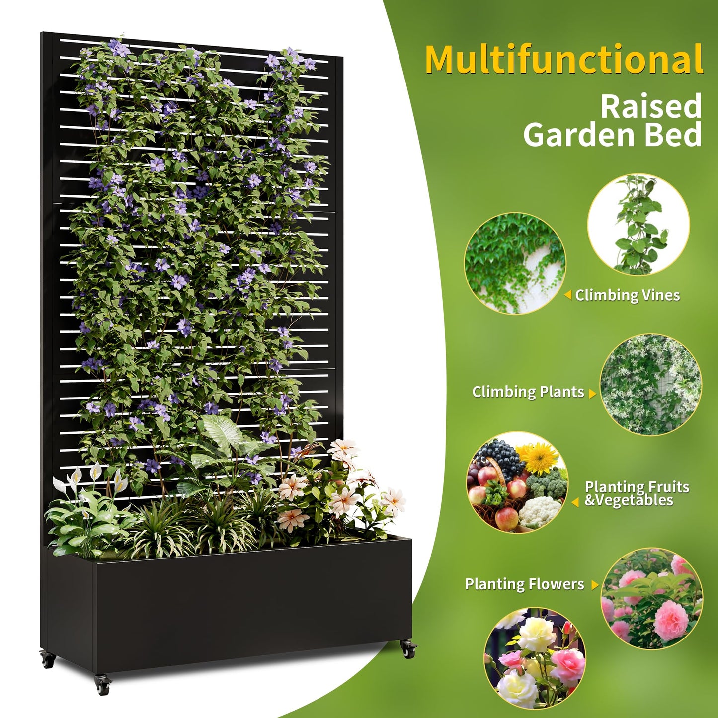 FLOHOVER 73" Metal Planter Box with Trellis, Outdoor Raised Garden Bed with Lockable Wheels & Drainage Holes, Galvanized Steel Privacy Screen Trellis Planter for Climbing Plants Vines Flowers