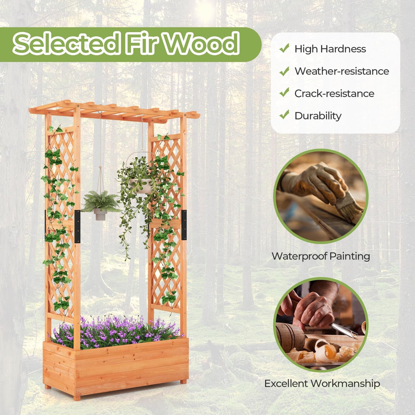 LDAILY Raised Garden Bed with Trellis, Above Ground Garden Bed with Hanging Roof, Side Trellis, & 4 Drainage Holes, Planter Box for Outdoor Climbing Plants Vines Flowers (1, 43.5"L x 17.5"W x 72"H)