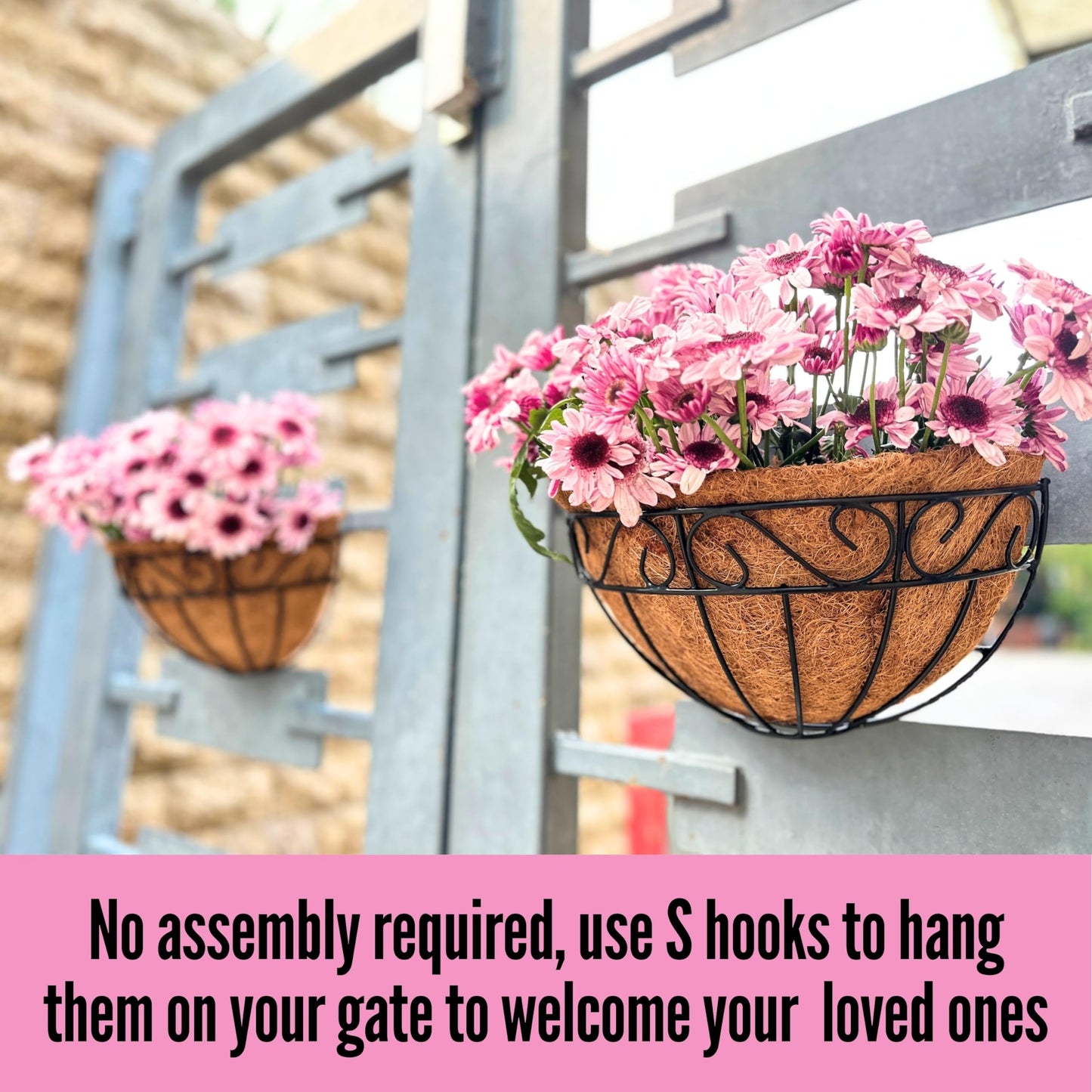 LaLaGreen Outdoor Wall Planters, 4 Pack, 14 Inch Large Balcony Planter Railings Hanging, Rail Flower Basket with Coco Liner English Horse Trough Black Metal Wire Succulent Pot Holder Deck Porch Garden