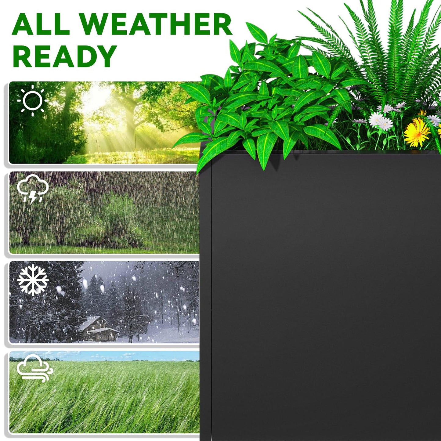 POOAMY Metal Planter, 38L x 10W x 30H, Heavy Duty Tall Planters for Outdoor Plants, Black Planters with Removable Insert Shelf, Large Planters with Drainage Holes for Porch, Patio and Yard, Black