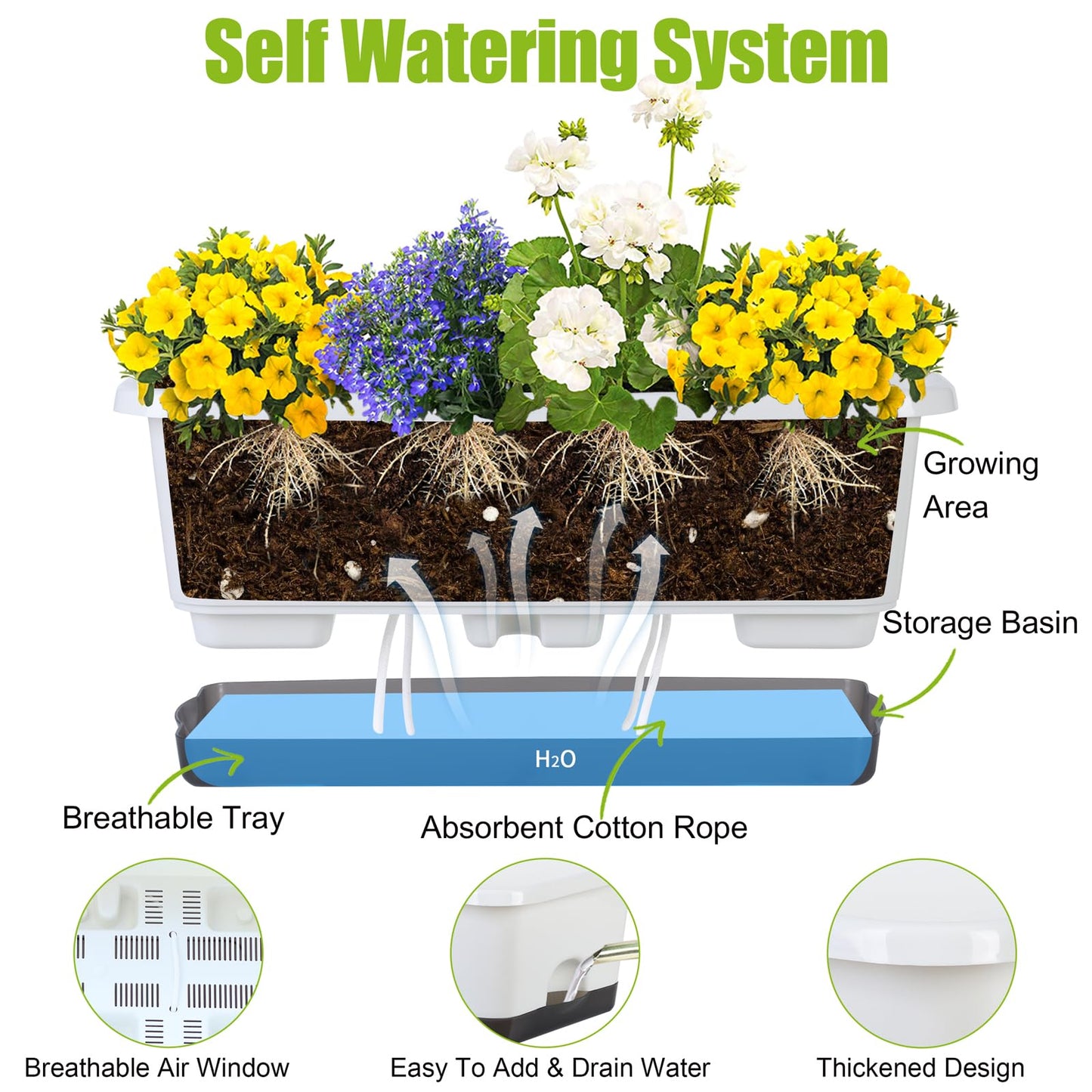 Window Box Planter 6 Pcs, 18 Inches Rectangle Flower Pots with Drainage Holes and Trays, Vegetable Planters for Windowsill Patio Garden Balcony Home Porch Yard Indoor Outdoor (White, 18*10*6 inch)