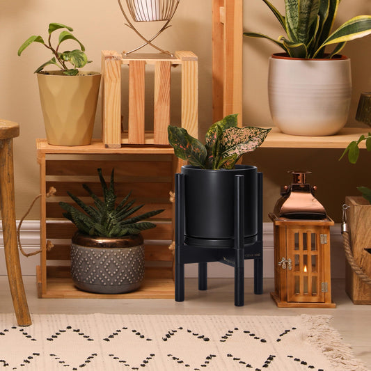 D'vine Dev Ceramic Planter with Ebony Stand - 8 Inch Modern Round Flower Pot with Wood Planter Holder, Black, 55-B-M-2
