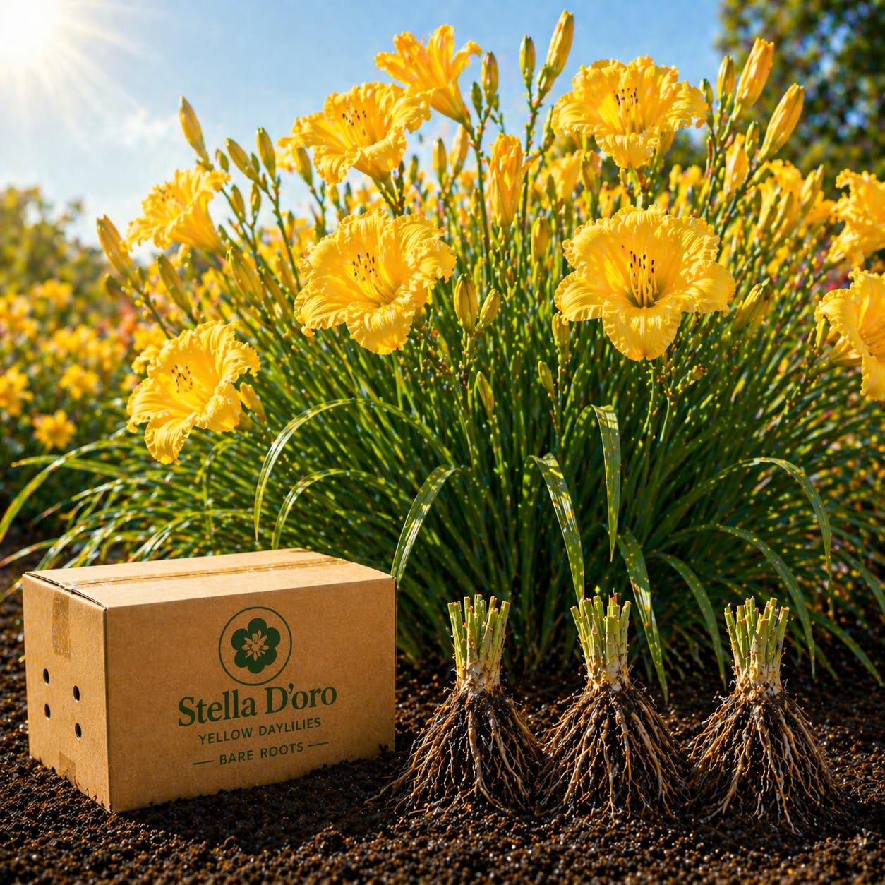 American Stella D’Oro Daylily Bare Roots – Perennial Hemerocallis for Spring Planting – Easy-to-Grow Outdoor Garden Flowers – Attracts Butterflies & Bees (6, Six Bare Roots)