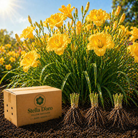 American Stella D’Oro Daylily Bare Roots – Perennial Hemerocallis for Spring Planting – Easy-to-Grow Outdoor Garden Flowers – Attracts Butterflies & Bees (3, Three Bare Roots)