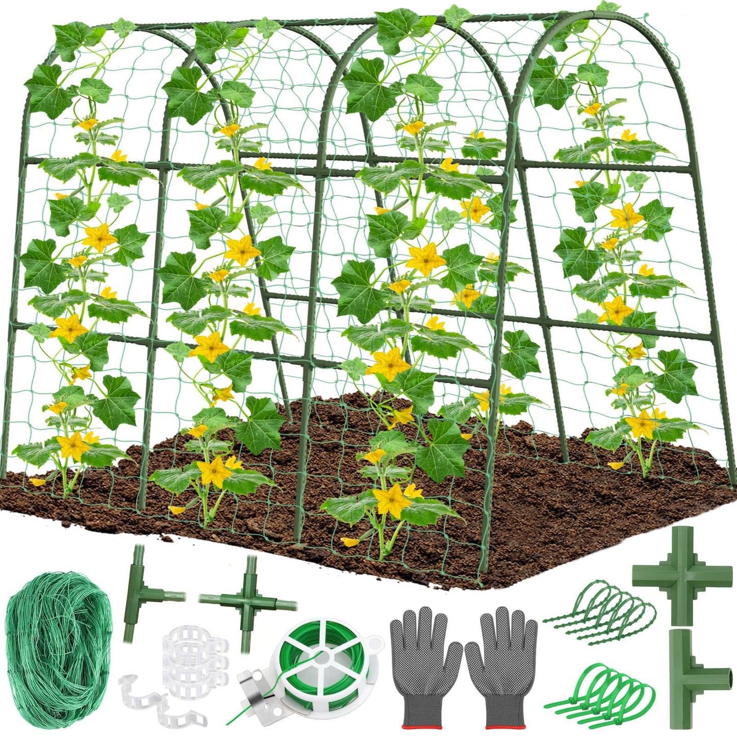 Cludoo Cucumber Trellis for Raised Bed Garden, U-Shape Arch Trellis for Climbing Plants Outdoor, Metal Vegetables Trellis with Netting, Garden Trellis for Cucumber Plants Sweet Pea Bean Grape