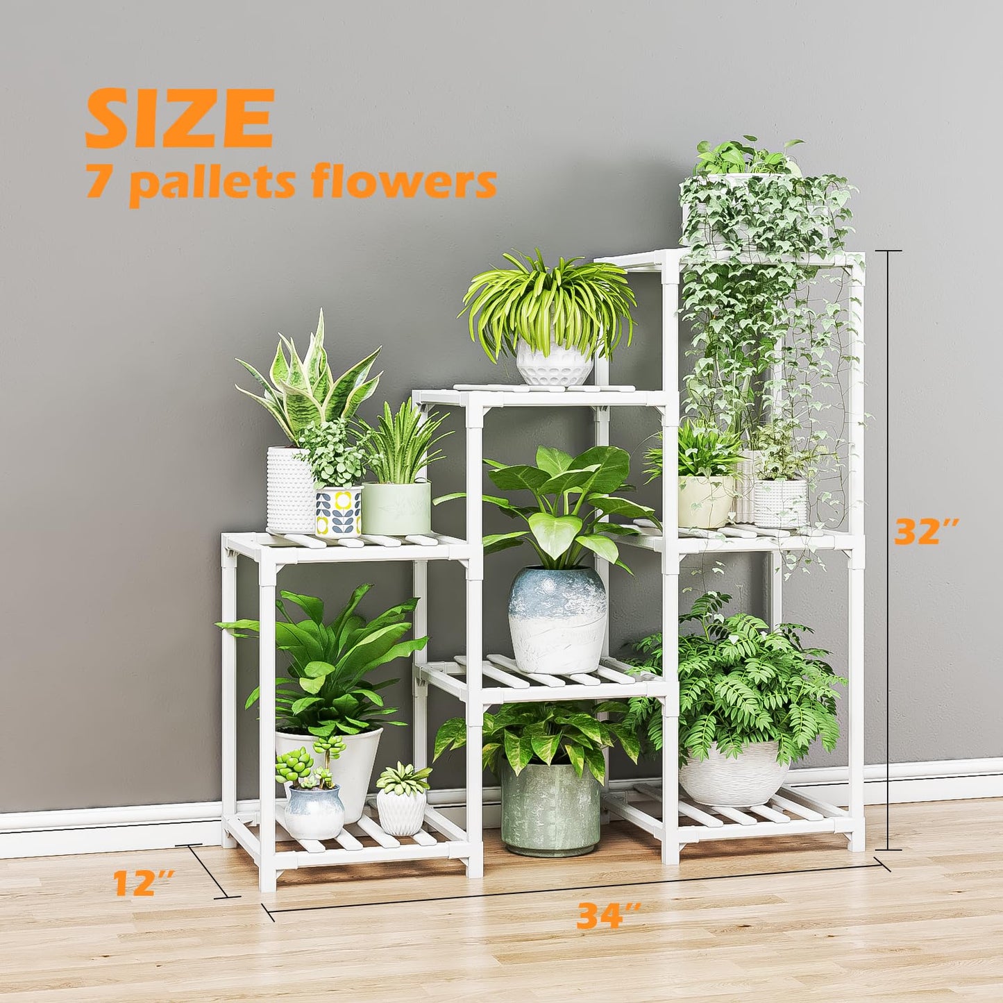 Bamworld Indoor Plant Stand Outdoor White Shelf Bamboo Plant Table for Multiple Plants 3 Tiers 7 Pots Ladder Holder Pot Window Garden Balcony Living Room