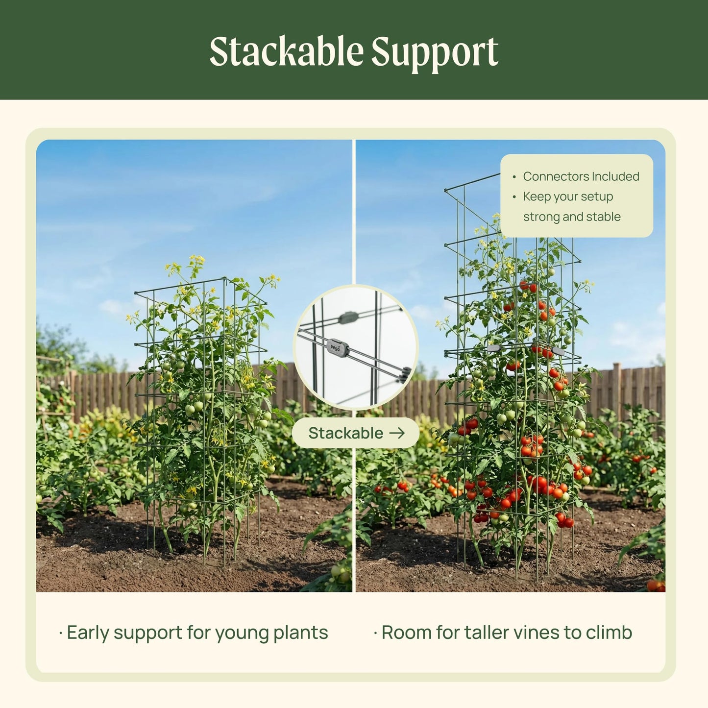 Vego Garden Tomato Cage 16.5" Square Heavy-Duty for Garden & Pots, Rust-Resistant Tomato Stackable Heavy Gauge Plant Cage Trellis Support for Climbing Vegetables Plants