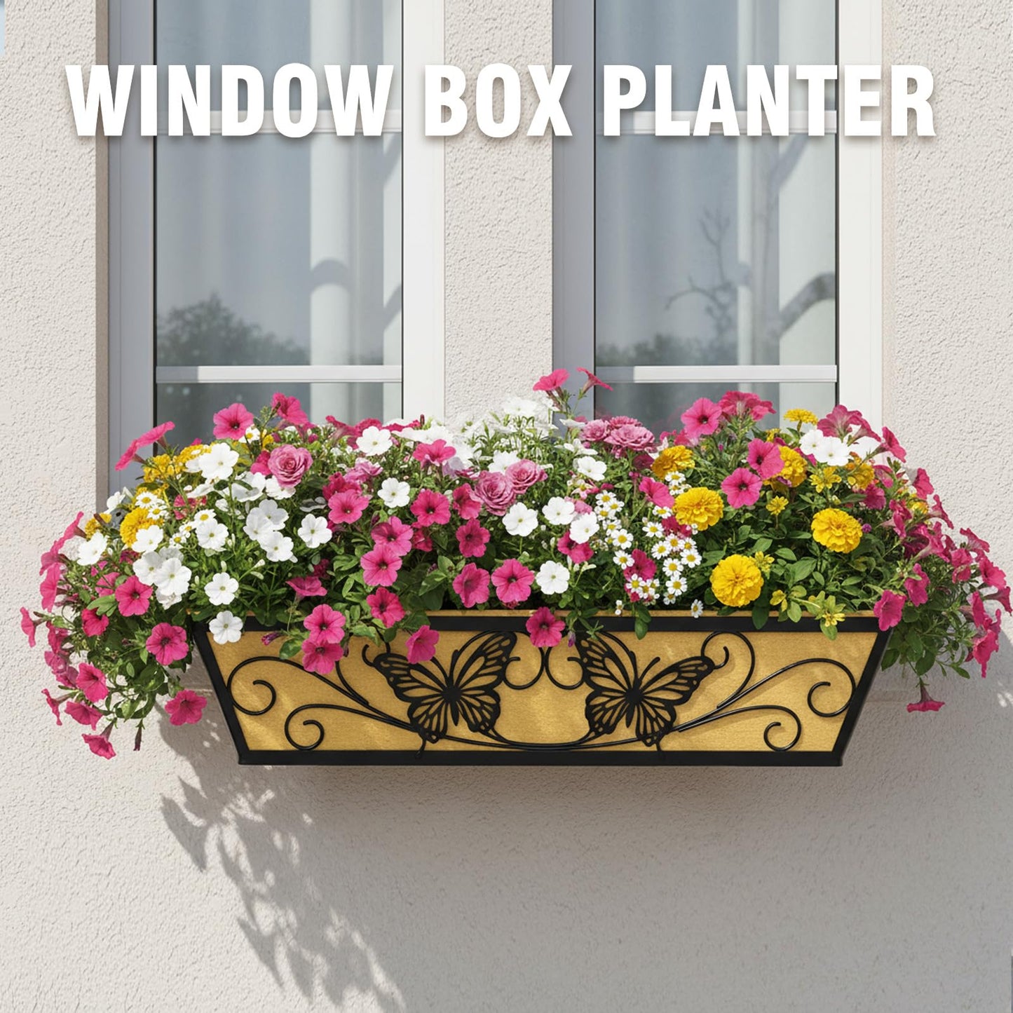 2 Pack 24 Inch Window Boxes Planter Railing Planters Box with Adjustable Brackets for Porch Deck Balcony Hanging Butterfly Decorative Flower Baskets & Non-Woven Fabric Liner for Outdoor Plants - Black