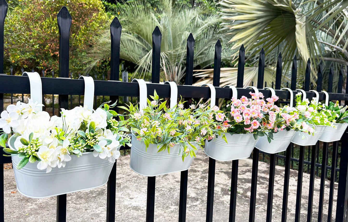 Joyfernal 10" Hanging Flower Pots, Pack of 6 White Metal Outdoor Patio Balcony Planter, Railing Planters Fence Pot with Detachable Hook & Drainage Hole for Small Plants (White, 6Pcs)
