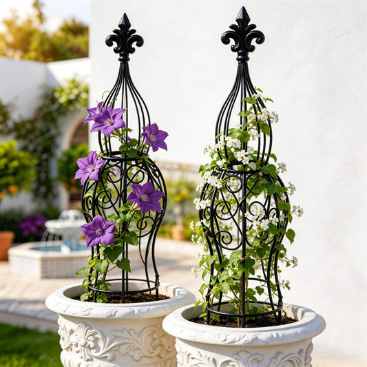 2-Pack Garden Obelisk Trellis for Climbing Roses & Flowering Vines, 30" Tall Iron Plant Support, Tool-Free Snap Assembly, Decorative Outdoor Accent for Patio Planters & Entryways