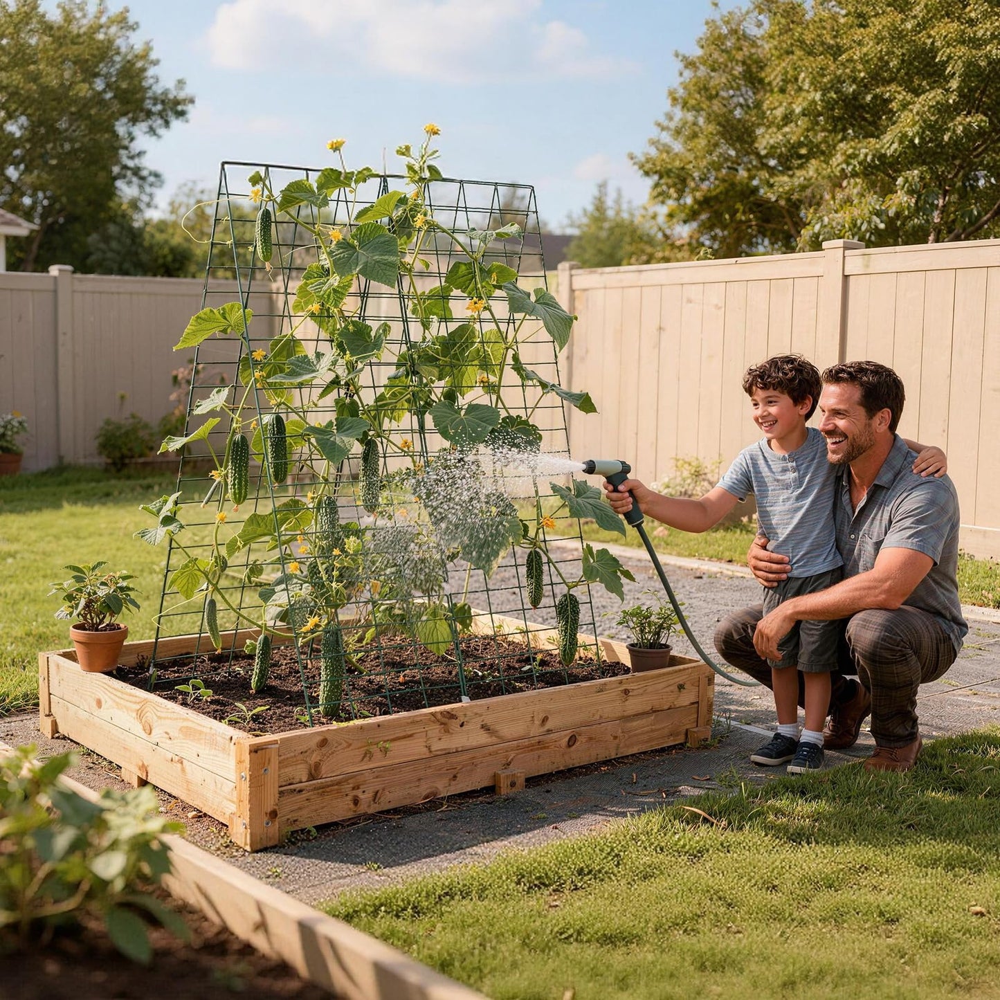 VEVOR Cucumber Trellis, 46" x 34" Foldable A-Frame Garden Trellises for Raised Bed, 4 Panels, Metal Rustproof Outdoor Climbing Plant Support with 2 Plant Bags for Vine, Peas, Beans, Tomato, Flowers