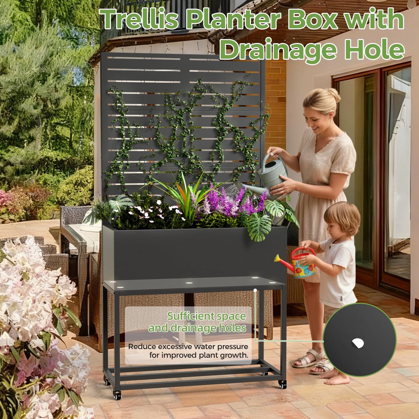 Metal Planter Box with Trellis, 3 in 1 Raised Garden Bed with Trelli & Firewood Rack, Privacy Planter Screen for Climbing Plants, Vine, Outdoor Garden Standing Beds with Drainage Holes, Wheels,Black