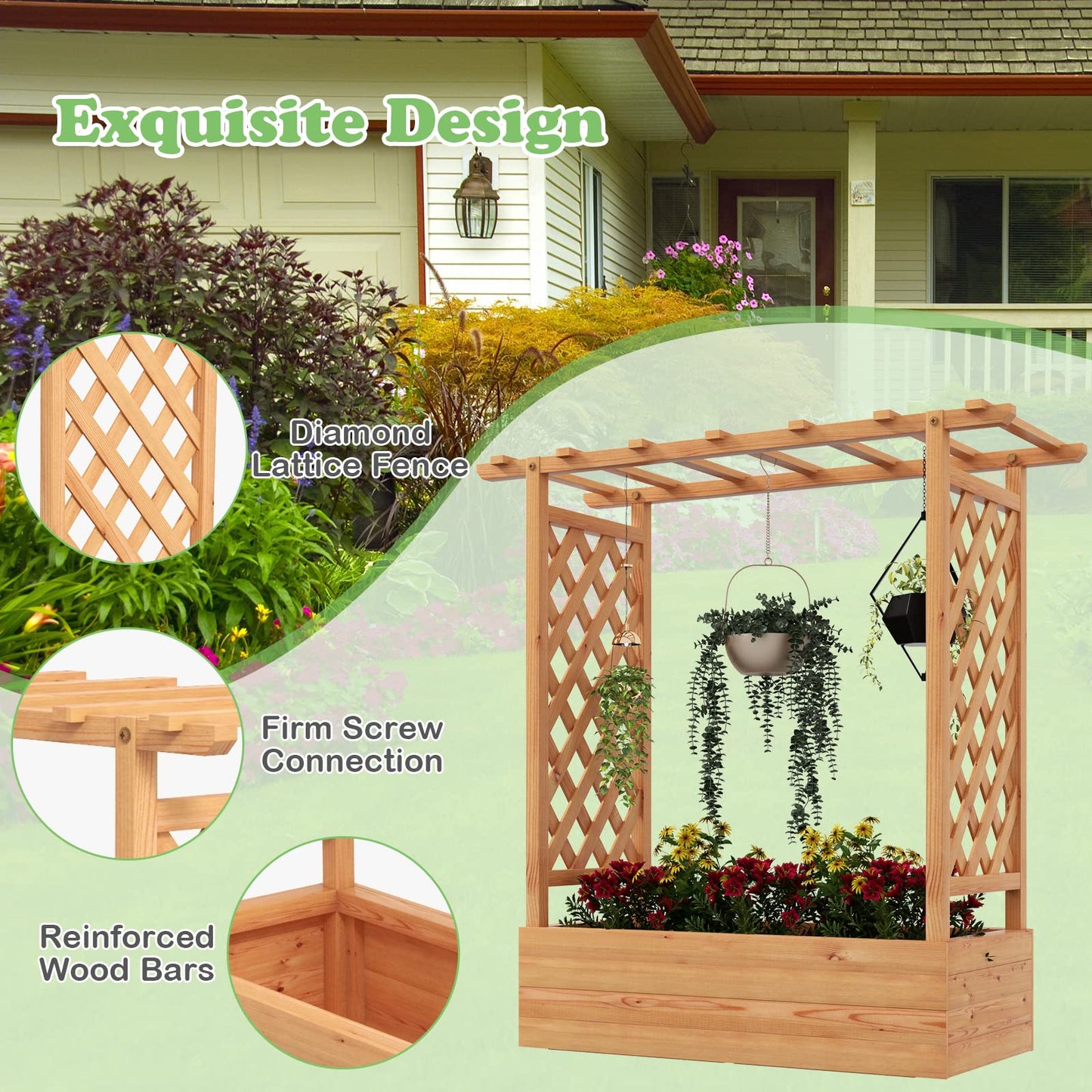 LDAILY Raised Garden Bed with Trellis, Above Ground Garden Bed with Hanging Roof, Side Trellis, & 4 Drainage Holes, Planter Box for Outdoor Climbing Plants Vines Flowers (1, 43.5"L x 17.5"W x 44.5"H)