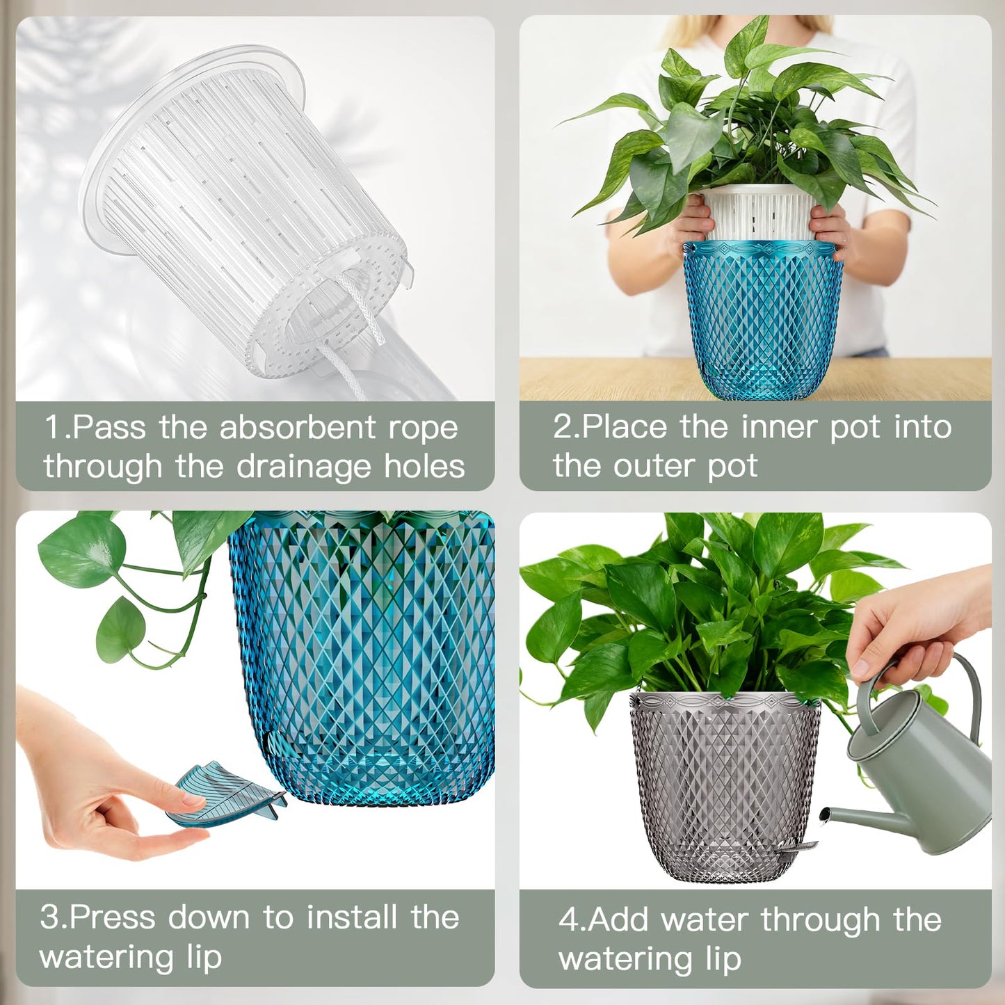 QCQHDU 2 Pack Self Watering Pots, 7.2 Inch Flower Pots with Drainage Holes and Water Filling Port, Plastic Garden Planter for Indoor Outdoor Plants (Emerald)