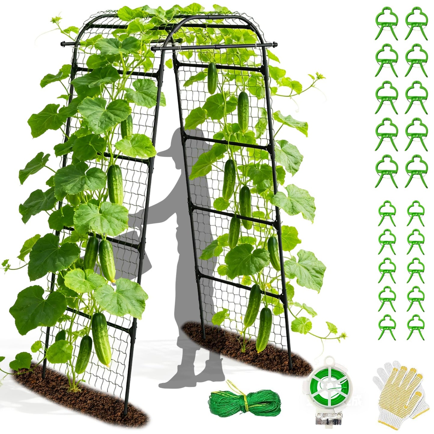 7.2FT Garden Arch Trellis for Climbing Plants, Heavy Duty 66" Wide Walk-Through Metal Arch with Netting, Wind-Resistant Vertical Garden Support for Cucumbers, Roses, Beans, Squash (33" Arch)
