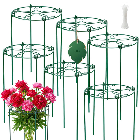 6 Pack 16 x 30 Inch Peony Cages and Supports, 16" D x 30" H Grow Through Plant Support Grid Brace for Outdoor Plants Flower, Metal Peony Stake Peony Ring Hoops Frame Support for Rose Tomato Vegetables