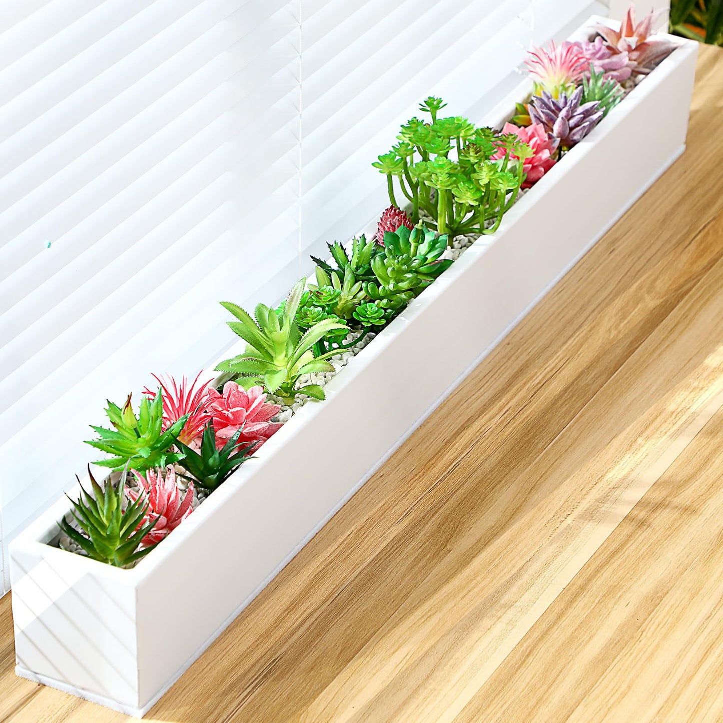FillTouch 1 Pcs Long Rectangular Planter Box Window Sill Plant Box Metal Water Trough Indoor Large Modern Steel with Drainage Holes Herb Garden Home (32 x 3.5 x 3.5 Inch,White)